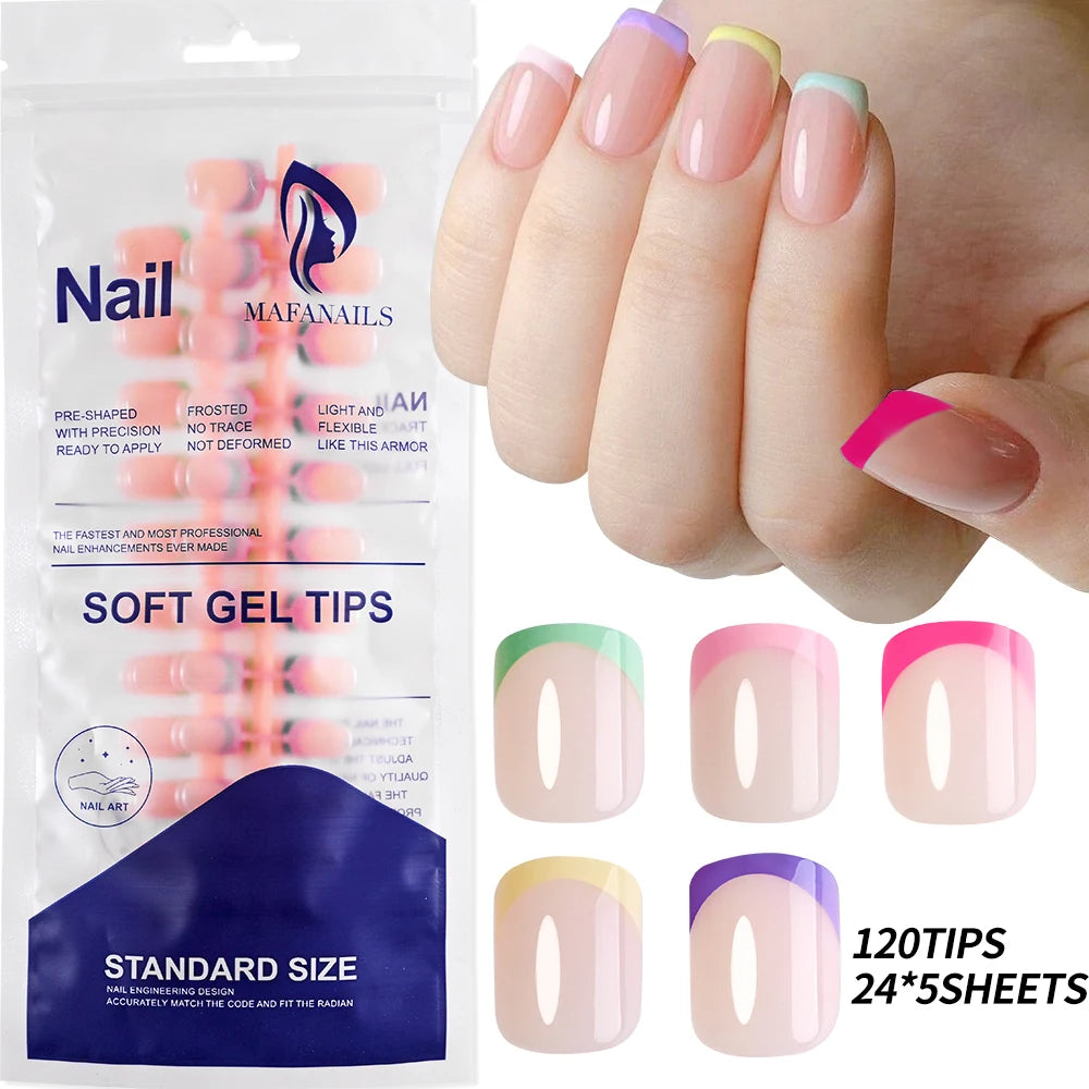 240/120pcs Summer Colorful Fake Nails Short Square Press On Nails French Acrylic Manicure Nail Art Glossy Full Cover False Nail