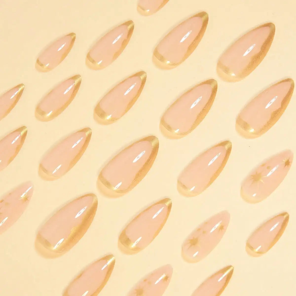 24Pcs Elegant Almond Press On Nails - Minimalist Gold Line Design Fake Nails - Glossy Full Cover Acrylic Nails - Elongating Stick On Nails For Modern Women