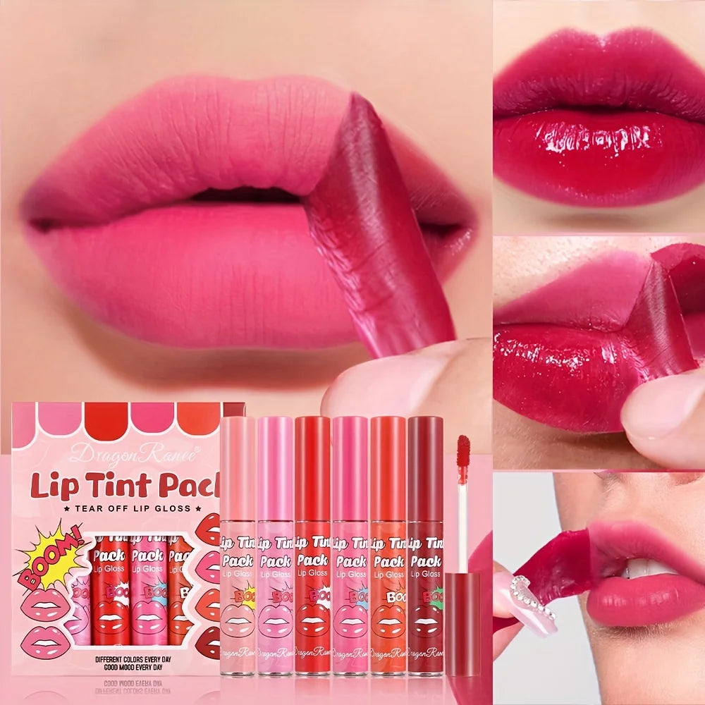 6-Piece Magic Lip Stain Set | Peel-Off Tint + Hydrating Mask | 12H Kiss-Proof Color | Lip Gloss Hybrid | Vegan & Non-Drying