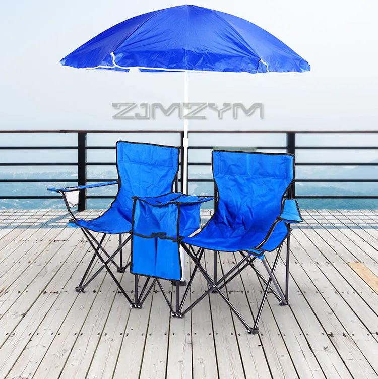 Foldable Double Sunshade Chair Wear Resistant Beach Camping Chair Fishing Casual Chair With Umbrella Cup Holder Refrigerated Bag