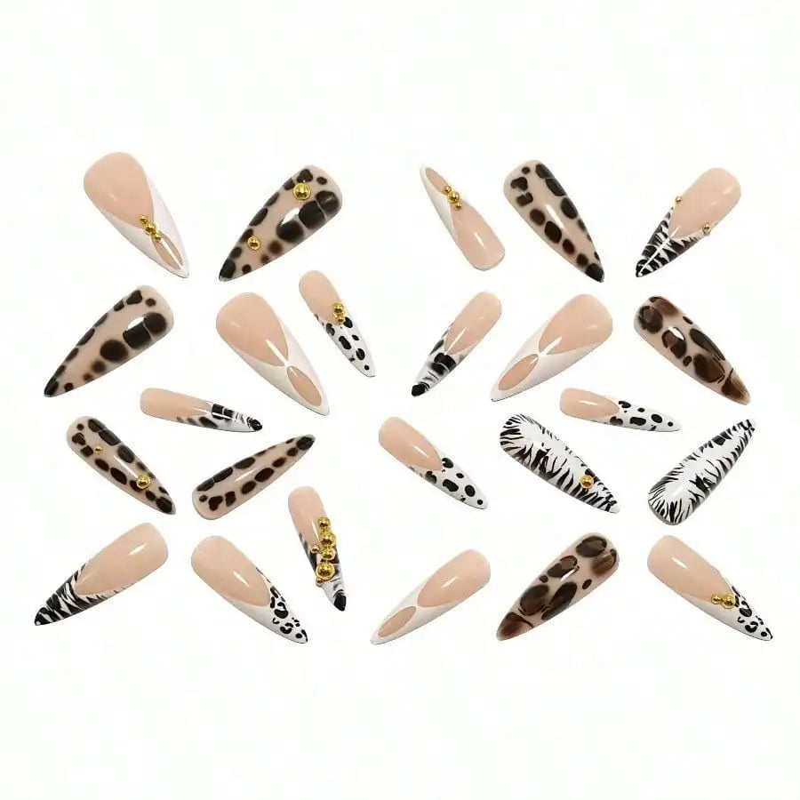 24Pcs Leopard Print Long Stiletto Press On Nails 3D Gold Ball Decor Reusable For Women Party Daily Easy Wear