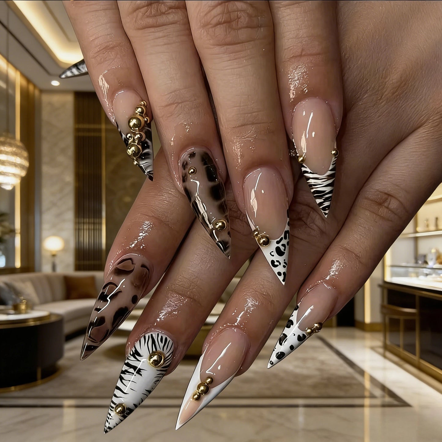 24Pcs Leopard Print Long Stiletto Press On Nails 3D Gold Ball Decor Reusable For Women Party Daily Easy Wear