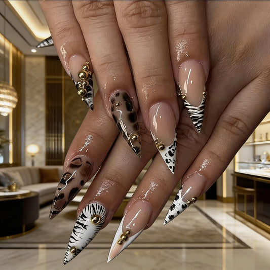24Pcs Leopard Print Long Stiletto Press On Nails 3D Gold Ball Decor Reusable For Women Party Daily Easy Wear