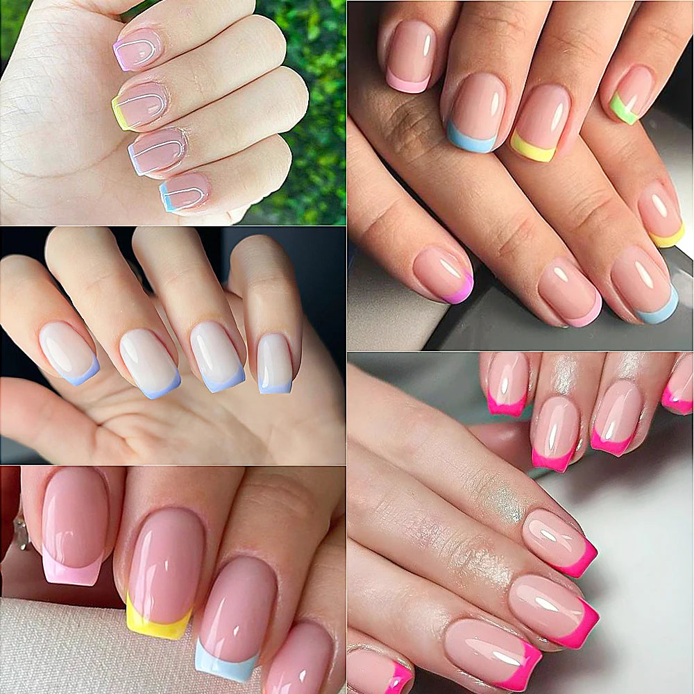 240/120pcs Summer Colorful Fake Nails Short Square Press On Nails  French Acrylic Manicure Nail Art Glossy Full Cover False Nail