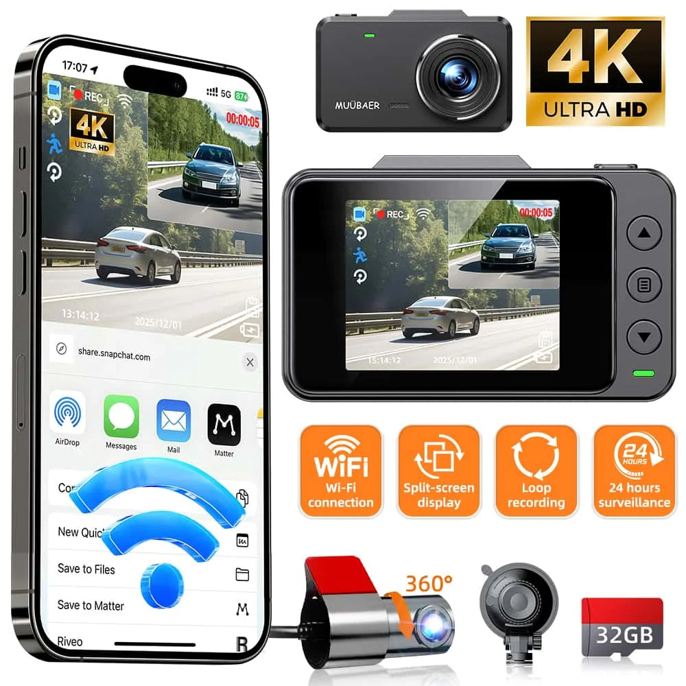 Dash Cam, 2 Channels Dash Cam with 2 Inch Screen, 4K Front +1080P Rear Cmaera, Night Vision, Built-in WiFi,  24 Parking Monitor