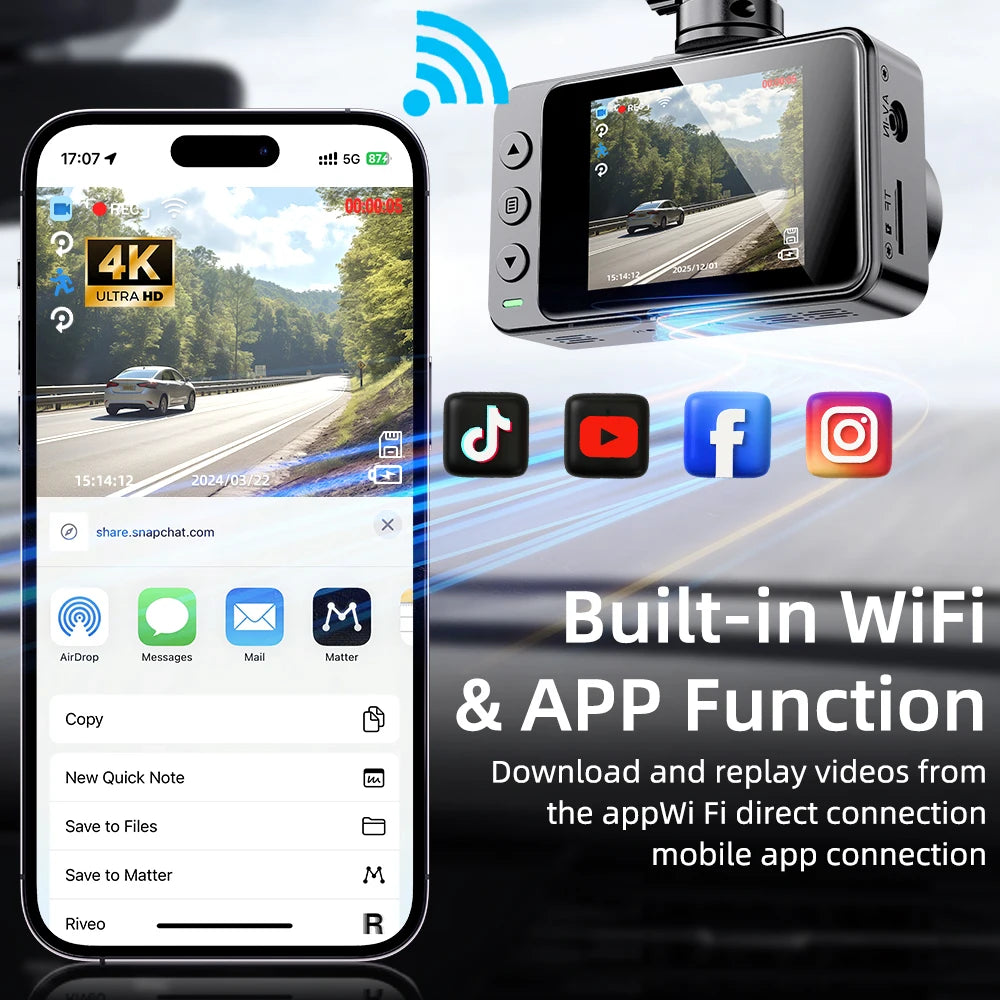 Dash Cam, 2 Channels Dash Cam with 2 Inch Screen, 4K Front +1080P Rear Cmaera, Night Vision, Built-in WiFi,  24 Parking Monitor