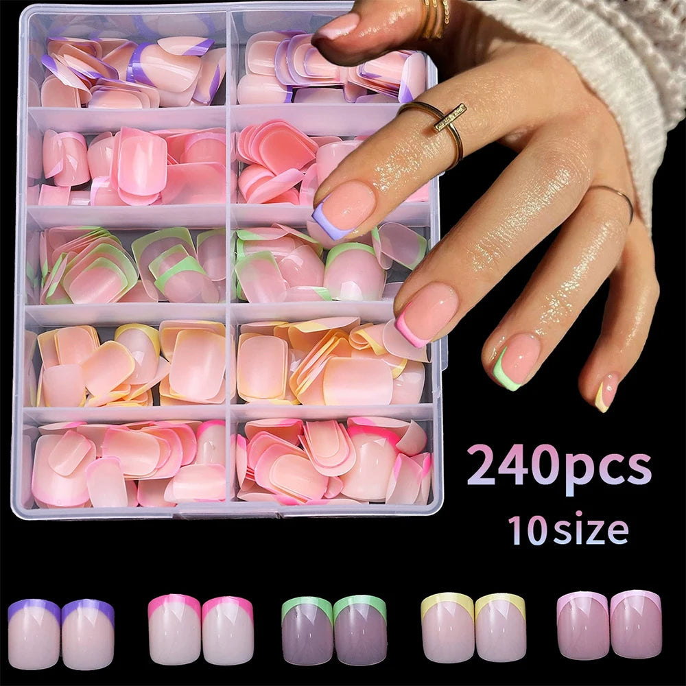 240/120pcs Summer Colorful Fake Nails Short Square Press On Nails  French Acrylic Manicure Nail Art Glossy Full Cover False Nail