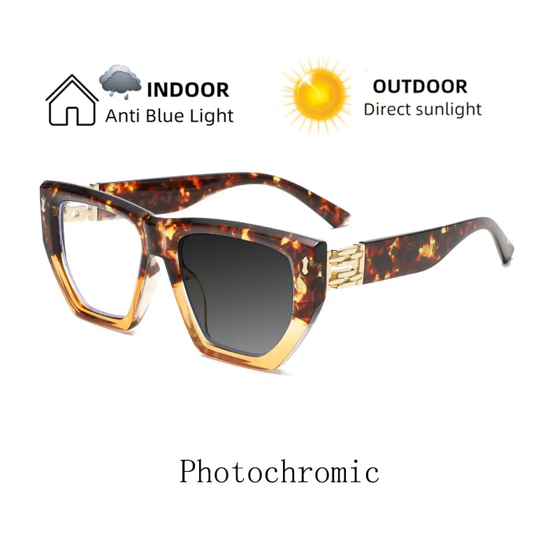 Brand Design Women Oversized Polygon Frame Photochromic Prescription Glasses Anti Blue Ray Hyperopia Myopia Astigmatism Eyewear
