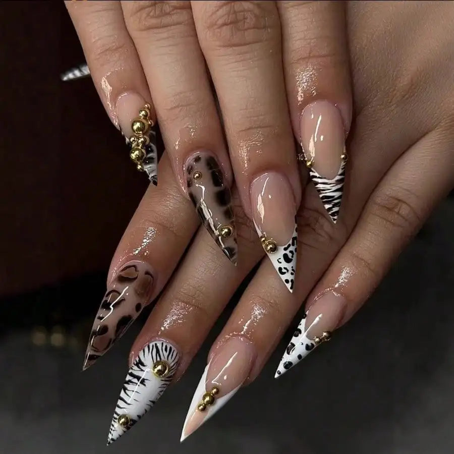 24Pcs Leopard Print Long Stiletto Press On Nails 3D Gold Ball Decor Reusable For Women Party Daily Easy Wear