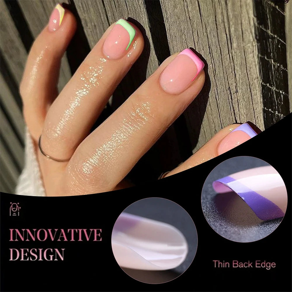 240/120pcs Summer Colorful Fake Nails Short Square Press On Nails  French Acrylic Manicure Nail Art Glossy Full Cover False Nail
