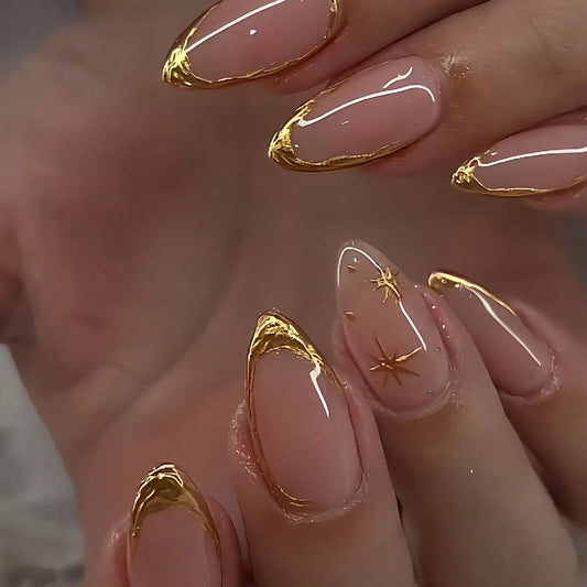 24Pcs Elegant Almond Press On Nails - Minimalist Gold Line Design Fake Nails - Glossy Full Cover Acrylic Nails - Elongating Stick On Nails For Modern Women