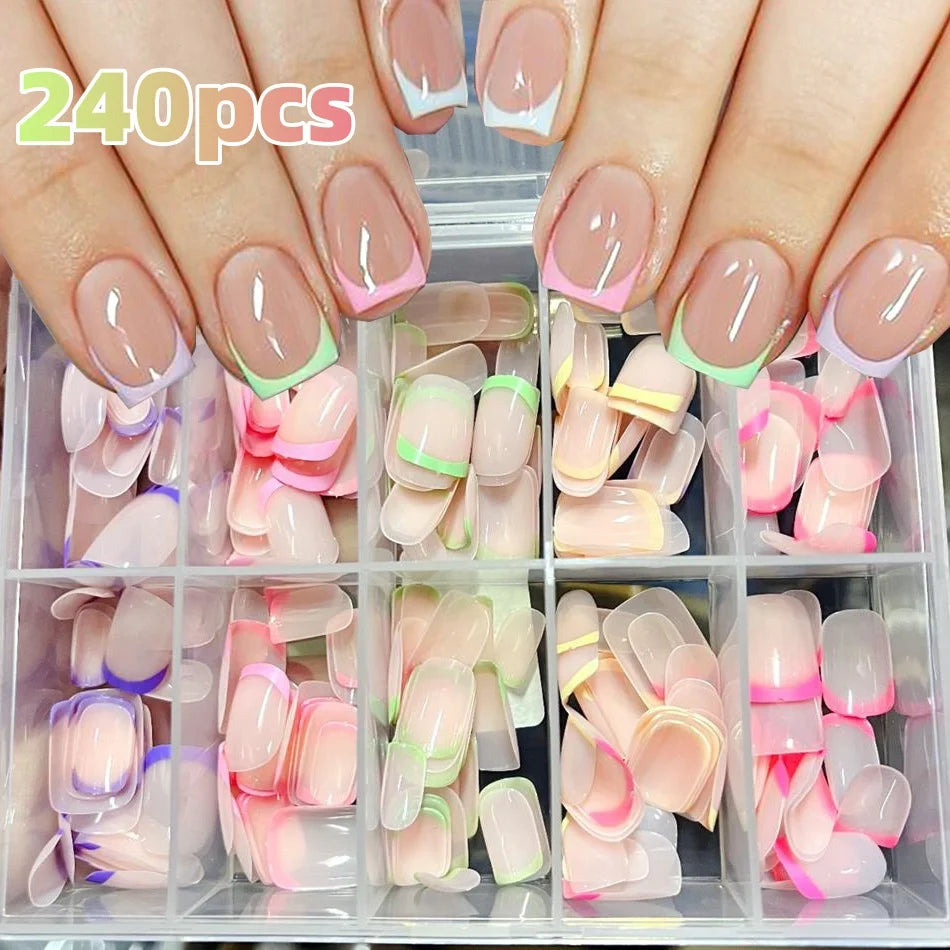 240/120pcs Summer Colorful Fake Nails Short Square Press On Nails  French Acrylic Manicure Nail Art Glossy Full Cover False Nail