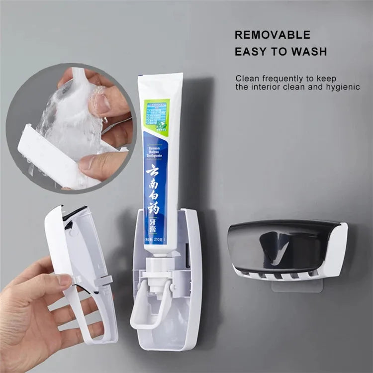 1 set of easy-to-use toothbrush holder with automatic toothpaste dispenser, wall mounted toothbrush storage rack, and bathroom
