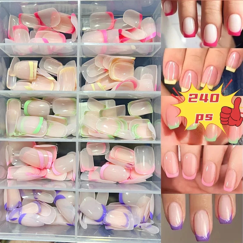 240/120pcs Summer Colorful Fake Nails Short Square Press On Nails  French Acrylic Manicure Nail Art Glossy Full Cover False Nail