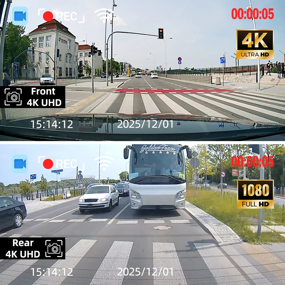Dash Cam, 2 Channels Dash Cam with 2 Inch Screen, 4K Front +1080P Rear Cmaera, Night Vision, Built-in WiFi,  24 Parking Monitor